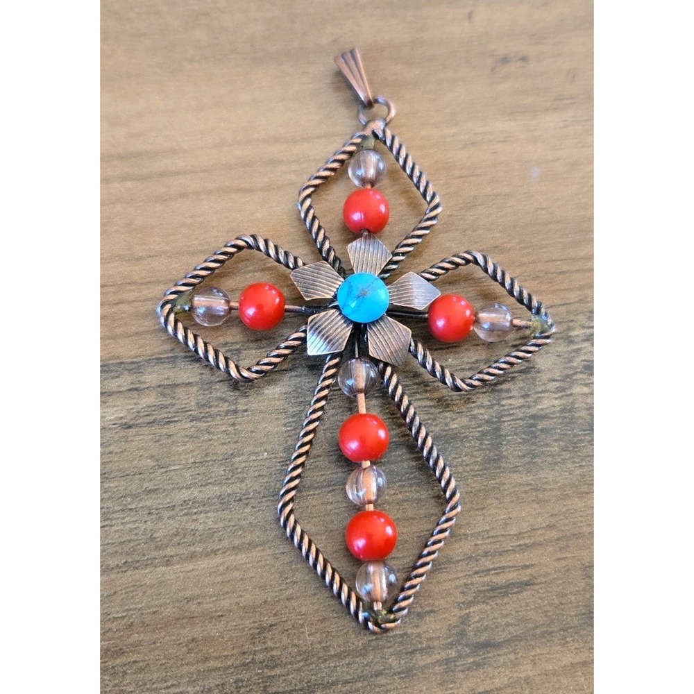 Vintage Copper Wire Floral Center Beaded CROSS Pendant Blue/Red 3"X2" Estate
